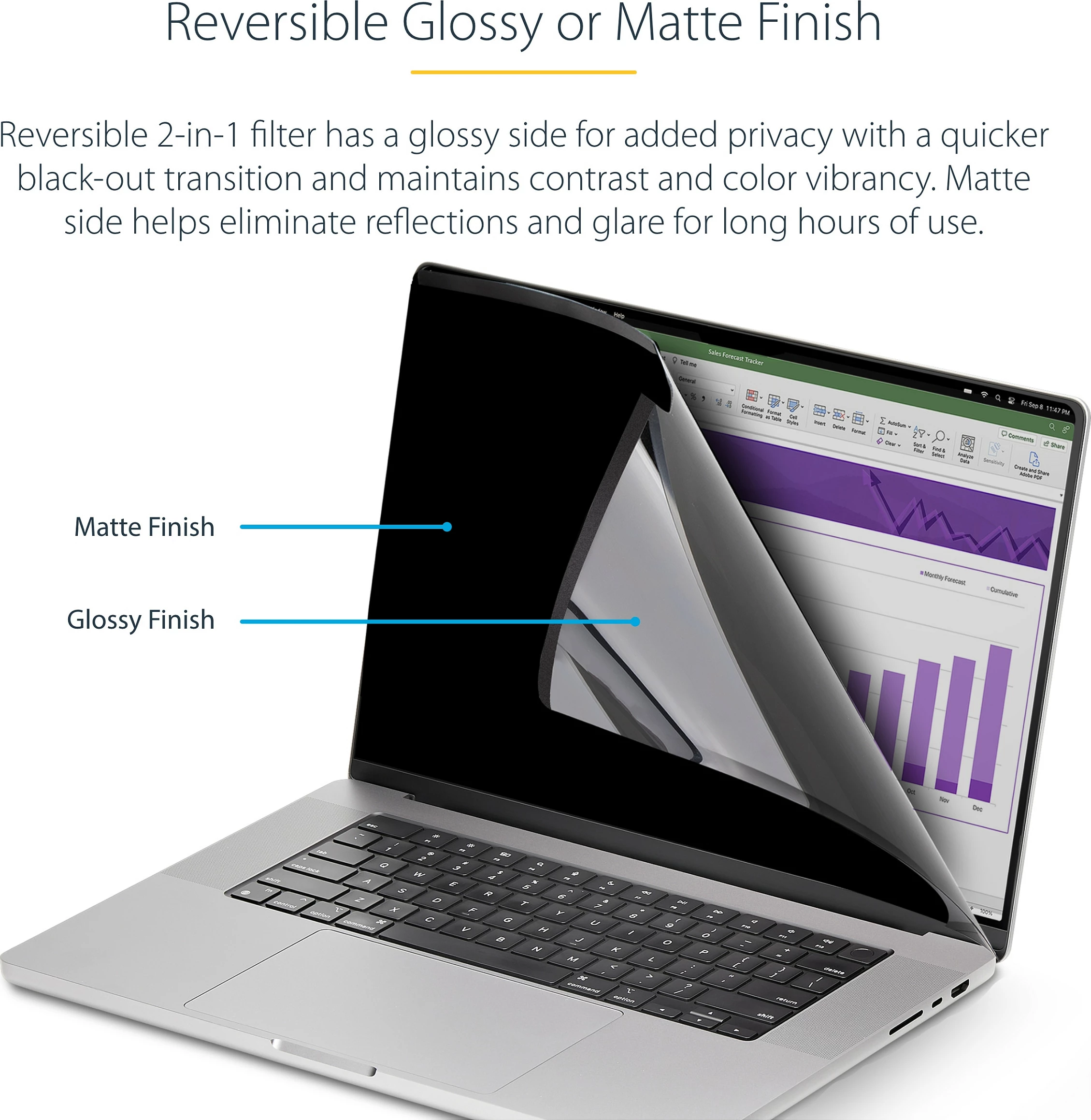 Filtri privatësie për ekran laptopi StarTech, MacBook Air 15" 2023/2024, magnetik, anti-glare, 51% dritë blu, Glossy/Matt, i zi
