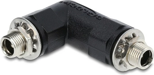 Adapter DC barrel jack DeLOCK, 5.5 x 2.5 mm femër në femër, 90°, me filetë, i zi