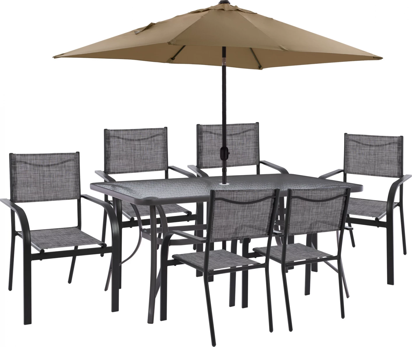 Set për terasë me ombrellë, 8 pjesë, tavolinë gri 150x90 dhe karrige me krahë, FH11533.02