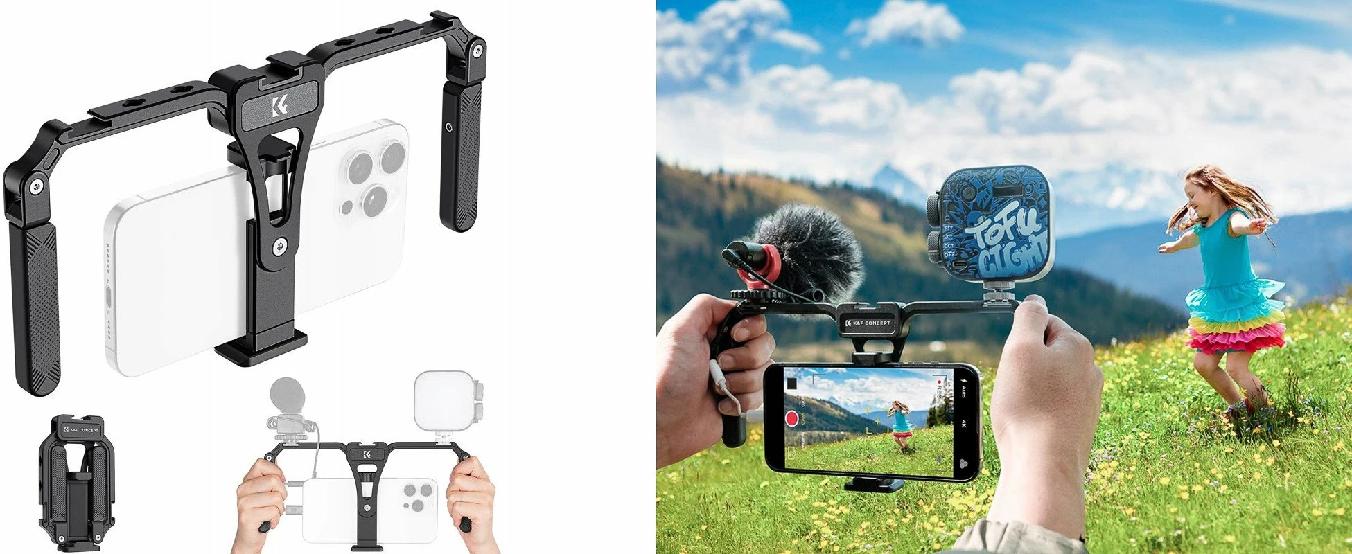 Kafaz kamere për celular K&F Concept Smartphone Cage, max 84 mm, alumin aerospace, 5x 1/4\" + 3x cold shoe, Arca-Swiss, i zi
