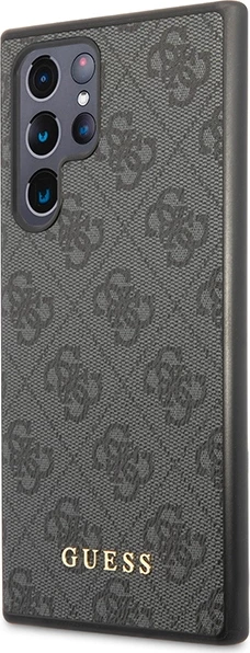 Mbështjellës Guess 4G Metal Gold Logo për Samsung Galaxy S23 Ultra, lëkurë sintetike, Gri