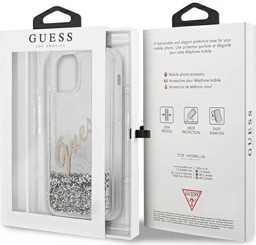 Mbështjellës Guess GUHCP12LGLVSSI për iPhone 12 Pro Max 6.7", Glitter Liquid Vintage, argjendtë