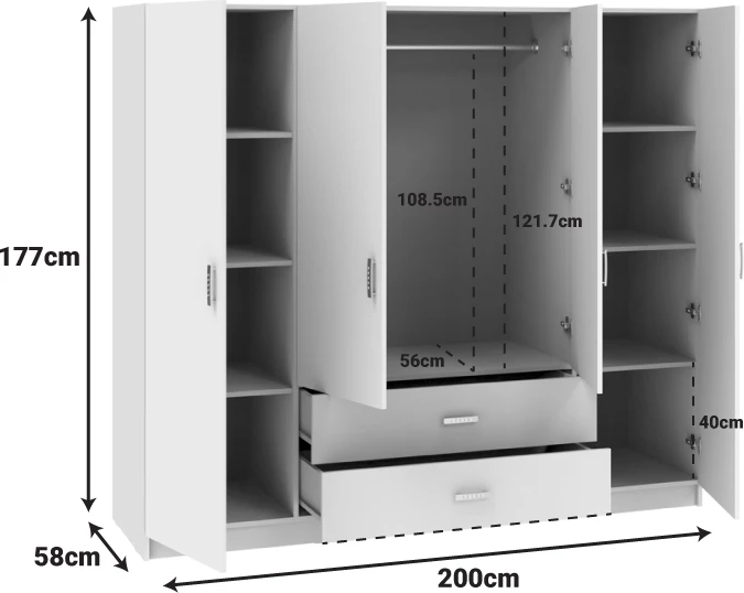 Dollap Royal me katër dyer, ngjyrë e bardhë, 200x58x177cm