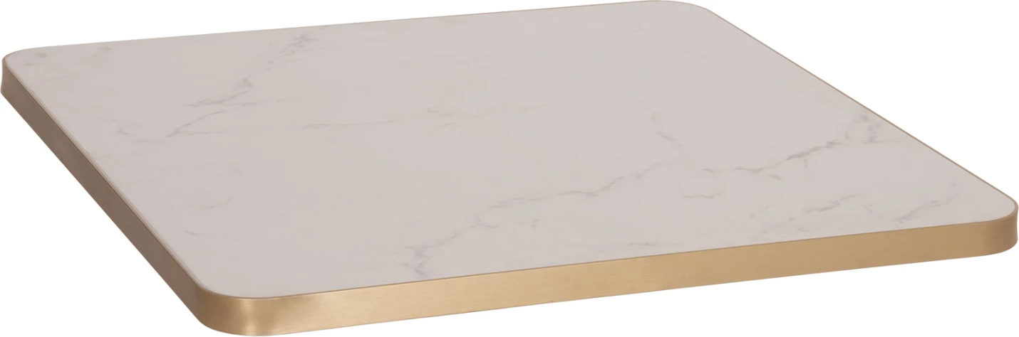 Sipërfaqe tavoline katrore prej guri të sinterizuar FH6655.12, mermer i bardhë me kornizë të artë, 80x80 cm