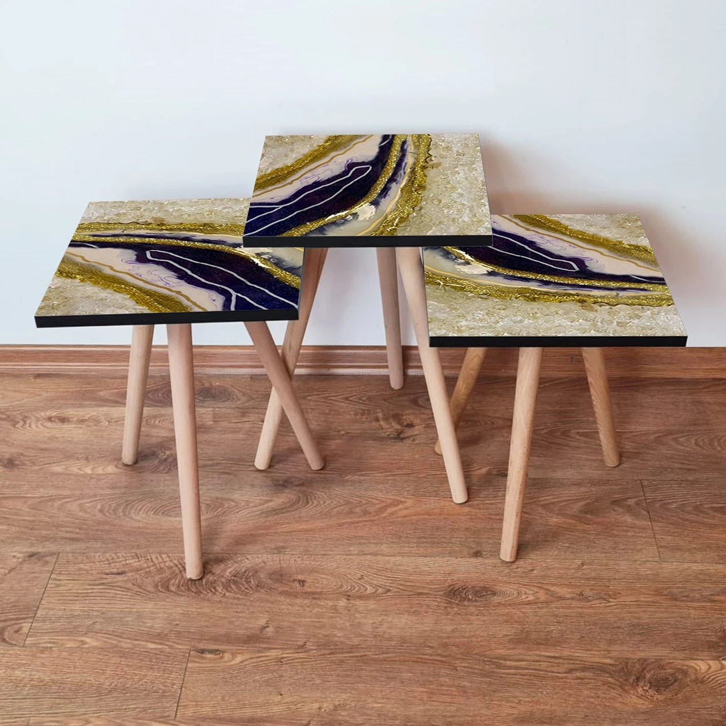 Set tavolinash ndihmëse, 3 copë, Skye Decor, 3Shp114, ngjyrë kaltër e errët, ar dhe të bardhë