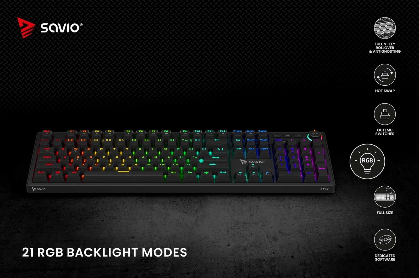 Kasë mekanike Savio STYX Peach Silent, RGB, Hot Swap, me kabllo, e zezë