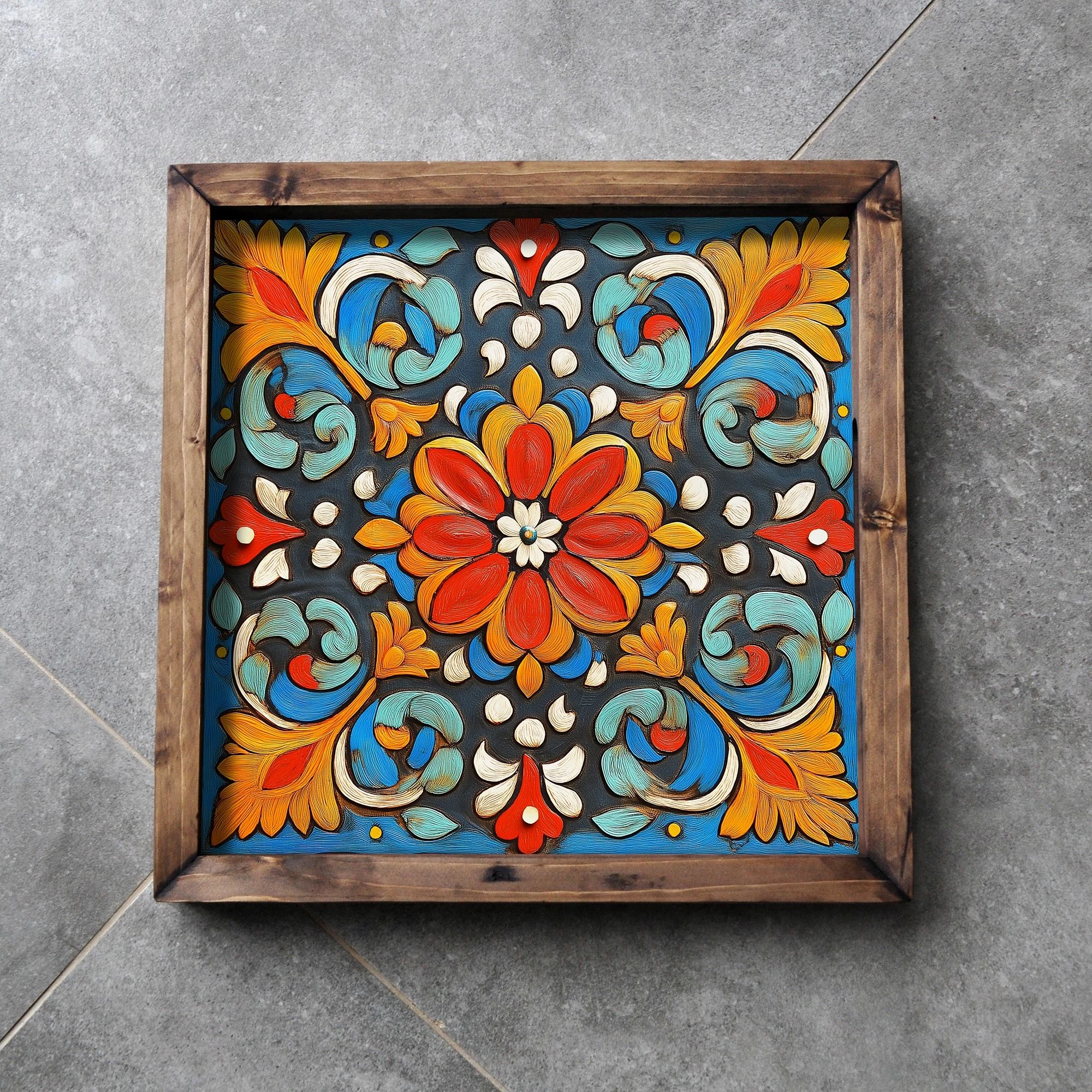 Tabaka dekorative prej druri, shumëngjyrëshe, Evila Originals, REF053, 35x35x4 cm