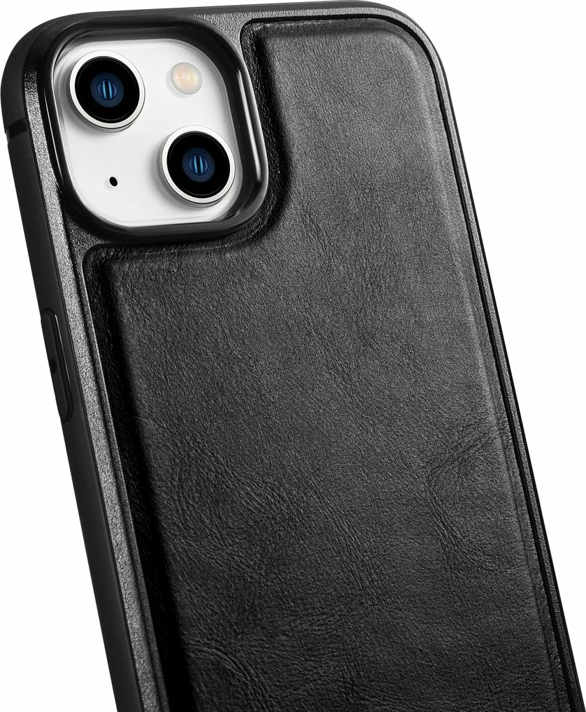 Mbështjellës iCarer për iPhone 14 Plus, lëkurë natyrale, e zezë