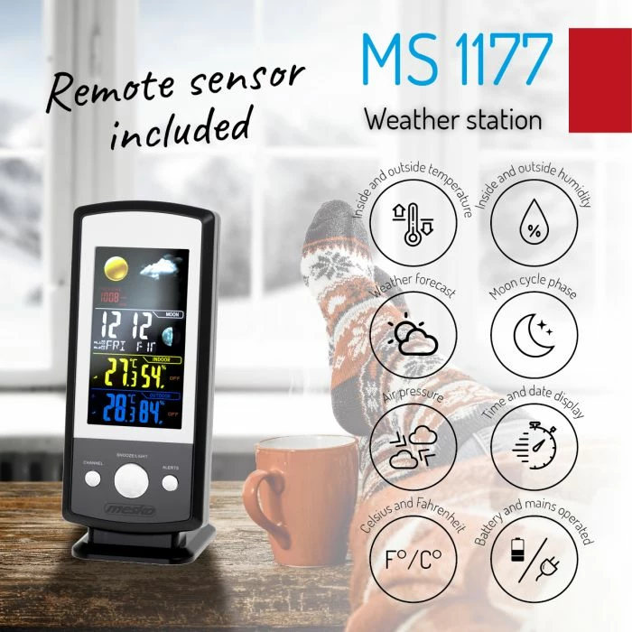 Stacion moti MESKO MS1177, ekran digjital me ngjyra, temperaturë & lagështi brenda/jashtë, parashikim moti, presion atmosferik, zi/argjendtë, set me 1 sensor të jashtëm