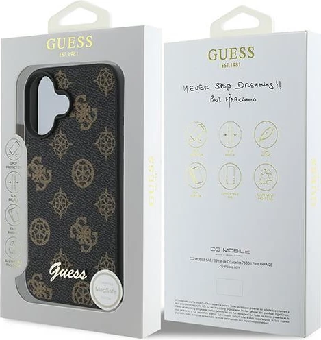 Mbështjellës Guess Peony Script MagSafe për iPhone 16 Plus, lëkurë eko, i zi
