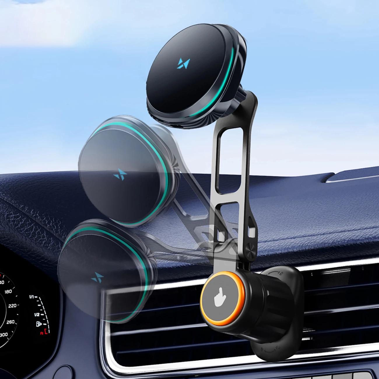 Mbajtës makine magnetik, Wozinsky WCT5-6S2Y, karikim wireless Qi/MagSafe 15W, krah rrotullues 360° me animes 180°, montim në grilë ajrimi me ventilator, e zezë