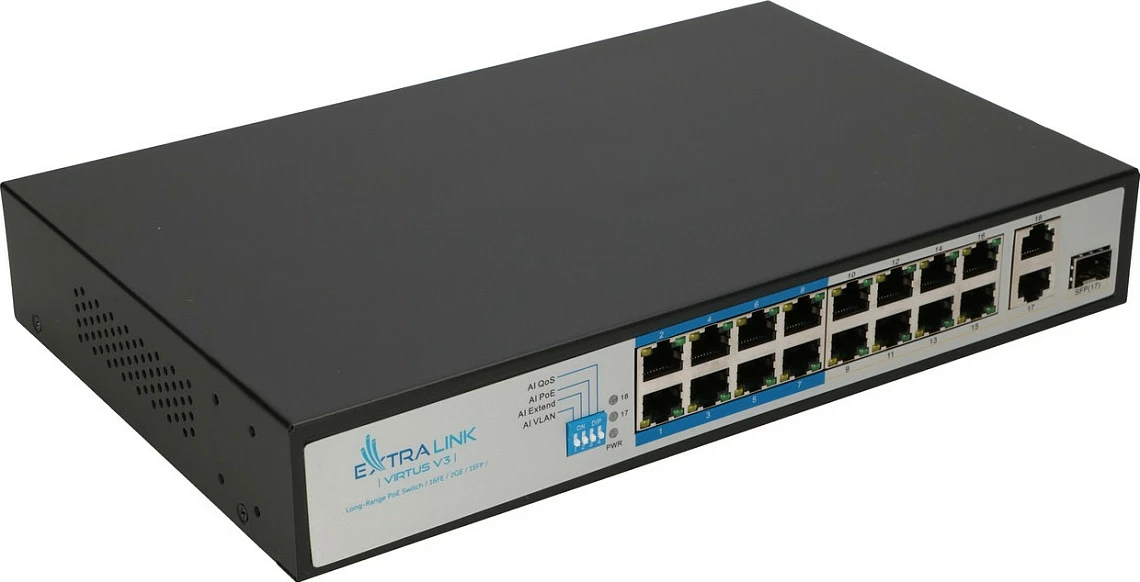 Switch PoE Extralink VIRTUS V3, 16x 100Mb/s PoE/PoE+, 2x Gigabit RJ45, 1x SFP, 150W, i zi