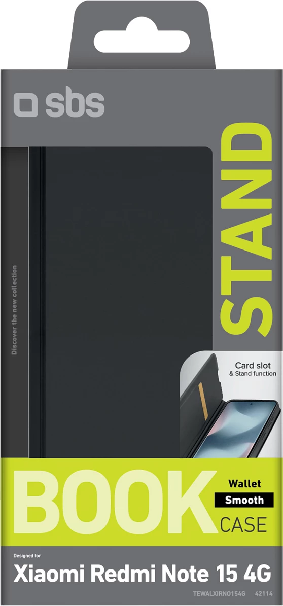 Mbështjellës me kapak SBS Wallet Smooth për Xiaomi Redmi Note 15 4G, me flap, stand, xhep karte, i zi