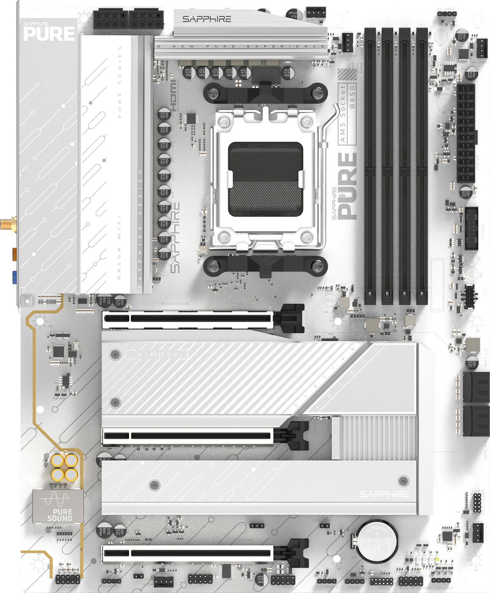 Pllakë amë Sapphire PURE B850A WIFI7, AM5, mATX, 3x M.2, Wi‑Fi 7, e bardhë