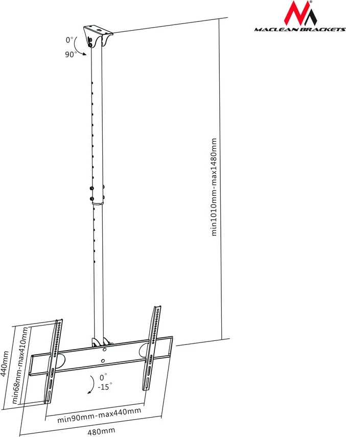 Mbajtëse tavani për TV Maclean MC-631, 32-65", 50kg, VESA 400x400, E zezë