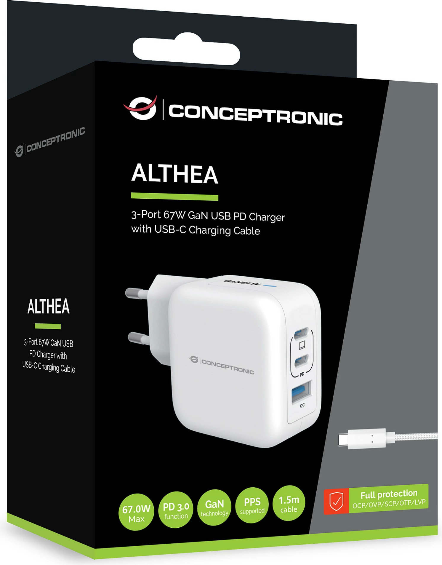 Karikues muri Conceptronic 67W GaN, 2x USB-C PD + 1x USB-A QC, me kabllo USB-C 1.5 m, i bardhë