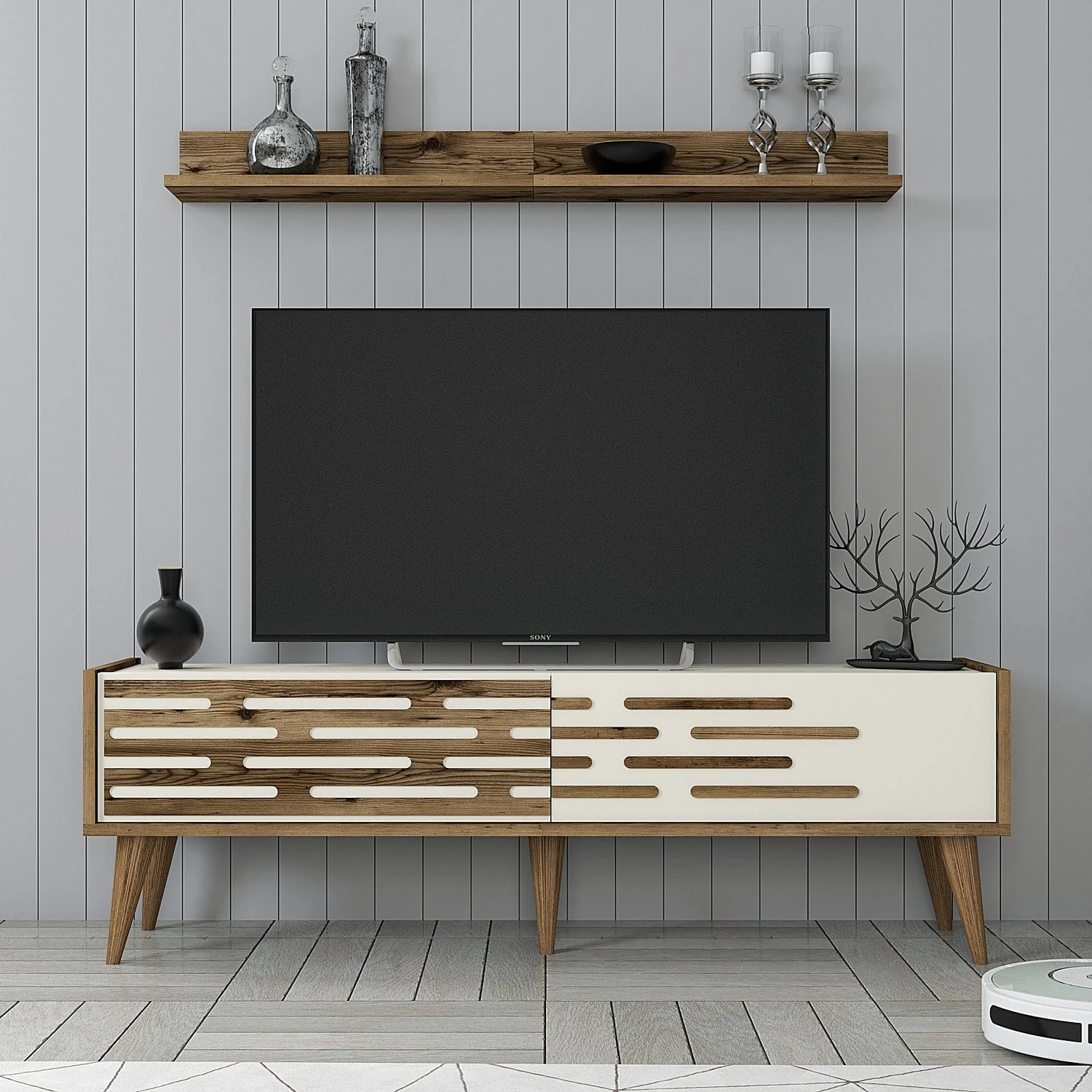 Komodë TV Valensiya 140, ngjyrë arrë dhe krem, Skye Decor