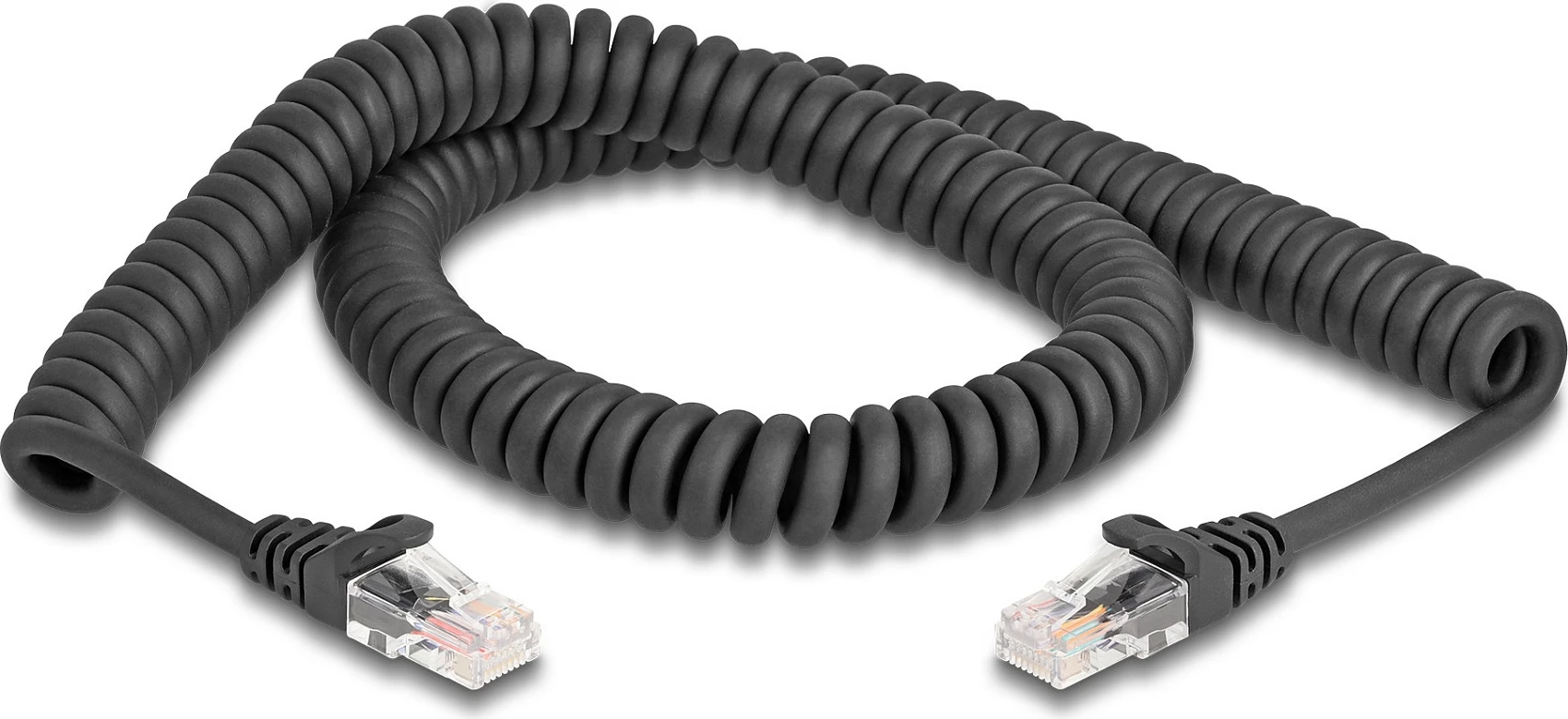 Kabllo rrjeti DeLOCK RJ45 Cat5e, 2 m, spirale, mashkull-mashkull, e zezë