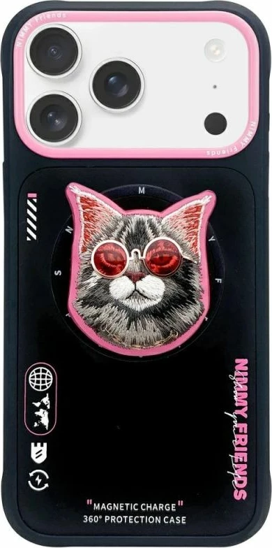 Maskë telefoni Nimmy Glasses Cool Cat MagSafe për iPhone 17, rozë e zezë