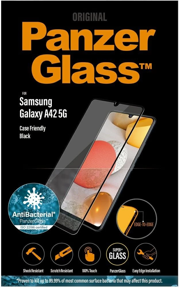 Xham i temperuar PanzerGlass E2E Super+ për Samsung Galaxy A42 5G, me kornizë të zezë