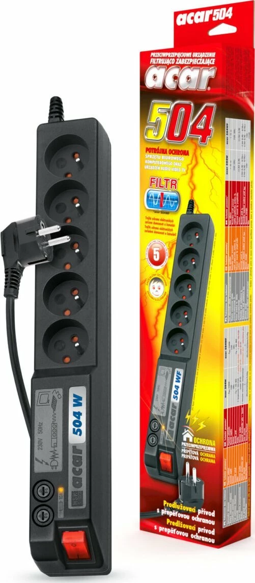 Zgjatues rryme Acar 504W, 5 priza, 1.8 m, me mbrojtje nga mbingarkesa/i mbingarkimit, i zi