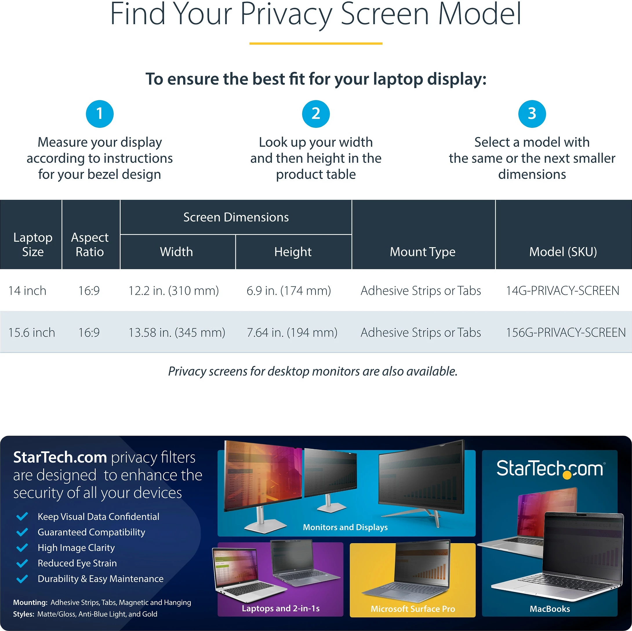 Filter privatësie për laptop StarTech 14IN, 14" 16:9, anti-glare, blue light, i zi