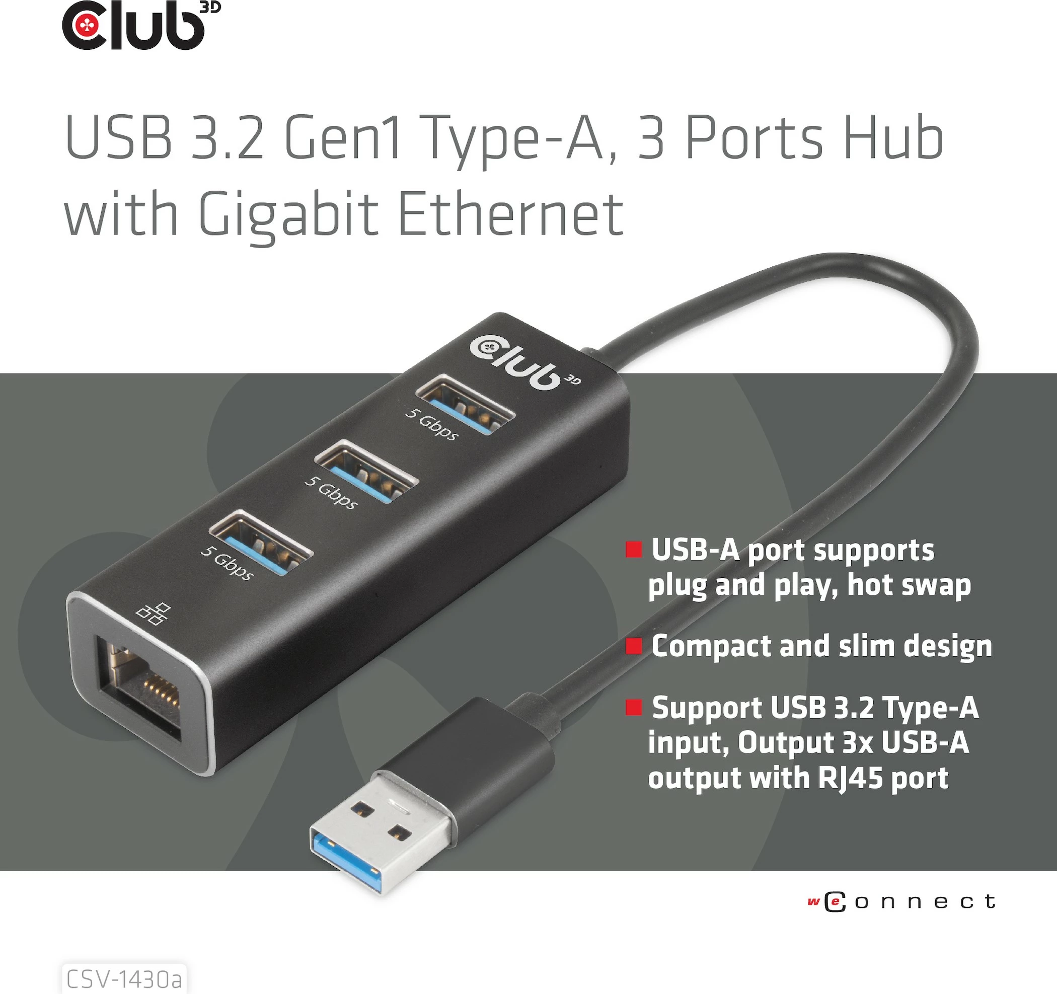 Adapter USB Club3D 3x USB 3.2 Type-A me LAN, i zi