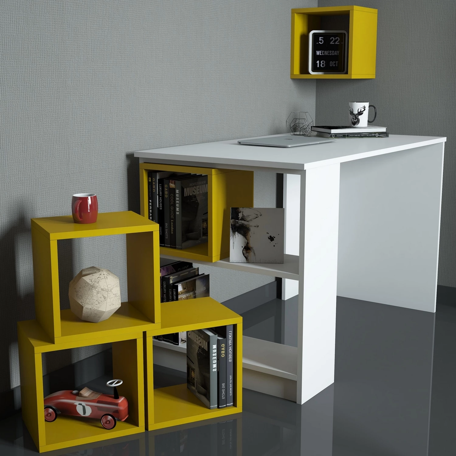 Set tavoline studimi me raft librash, ngjyrë bardhë-verdhë, Skye Decor