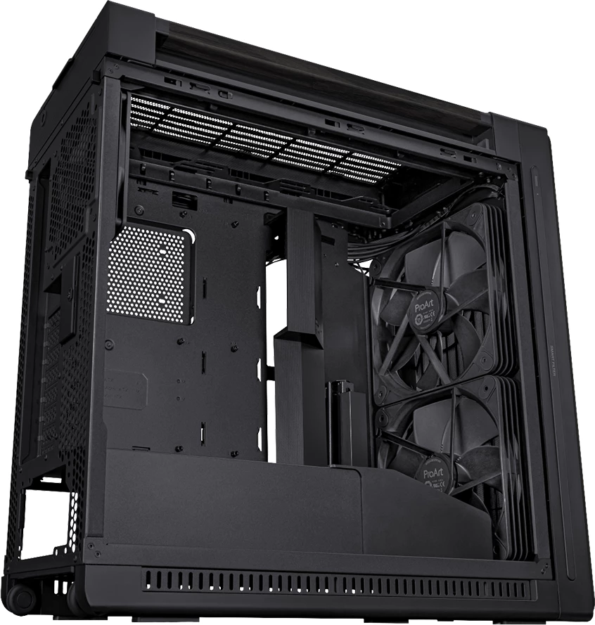 Kasë ASUS ProArt PA602 Wood Edition E-ATX, mbështetje radiator 420mm, USB-C 20Gbps, 3 ventilatorë të instaluar, e zezë