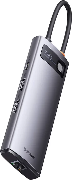 Kasë Baseus Metal Gleam Series 7-in-1, USB-C në 3x USB 3.0, 2x HDMI, USB-C PD, Ethernet RJ45, Gri