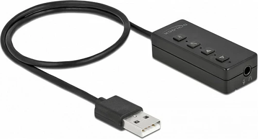 Adapter USB DeLOCK për kufje dhe mikrofon, USB-A në 2x 3.5mm, 0.4 m, i zi