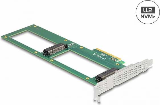 Kartë PCIe DeLOCK PCI Express 4.0 x8 në 2x U.2 NVMe SFF-8639, pasive, gjelbër/gri