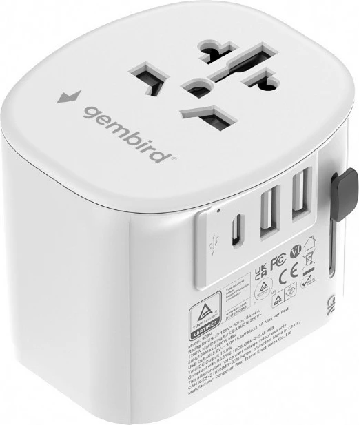 adapter udhëtimi universal me tokëzim, Gembird TPA-EU2A1C15-01-W, 15 W, 3x USB, i bardhë