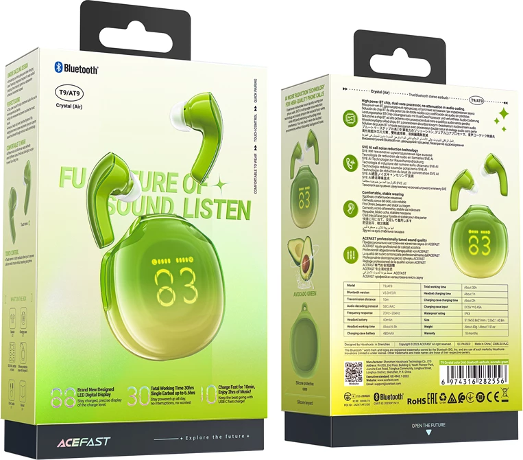 Kufje Acefast T9, wireless, Bluetooth 5.3, me ekran LED, IPX4, të gjelbra