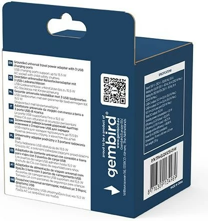 adapter udhëtimi universal me tokëzim, Gembird TPA-EU2A1C15-01-W, 15 W, 3x USB, i bardhë