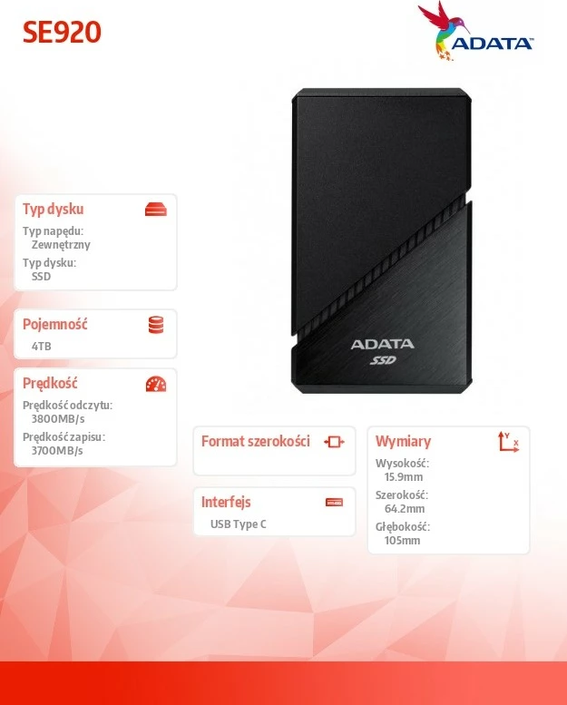 SSD i jashtëm Adata SE920, 4TB, USB4 Type-C, i zi