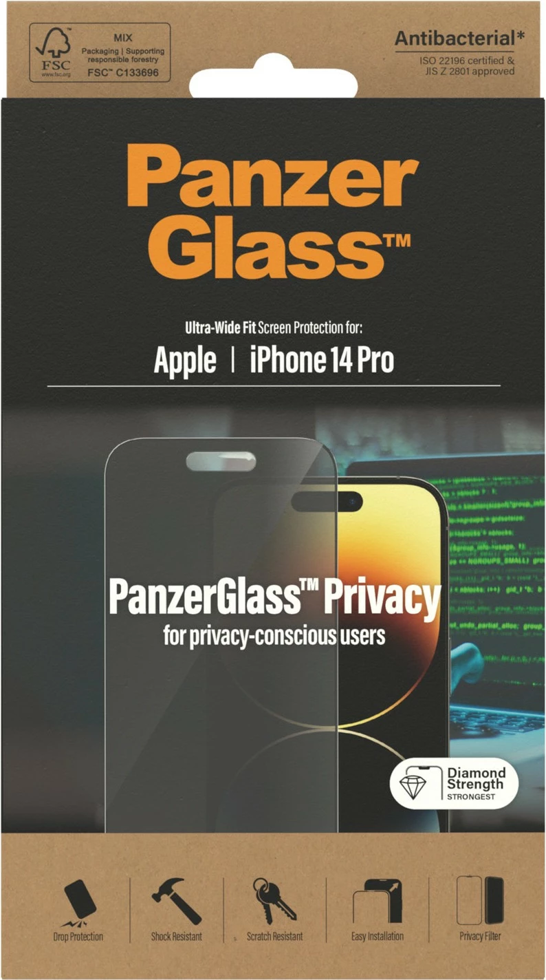 Mbështjellës ekrani PanzerGlass për iPhone 14 Pro, Privacy, antibakterial