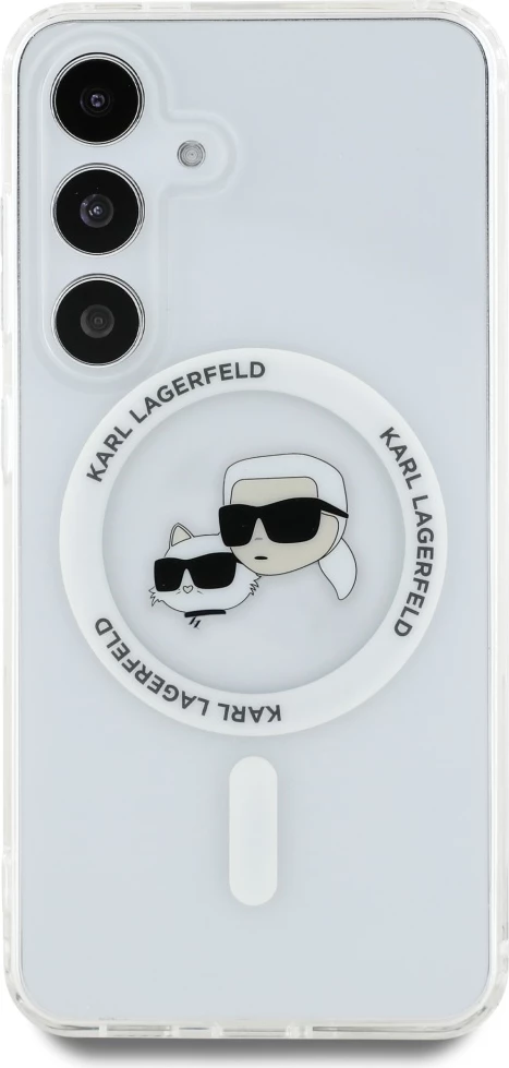Mbështjellës Karl Lagerfeld Button Karl & Choupette Heads Printed Logo MagSafe për Samsung Galaxy S25 Plus, bardhë