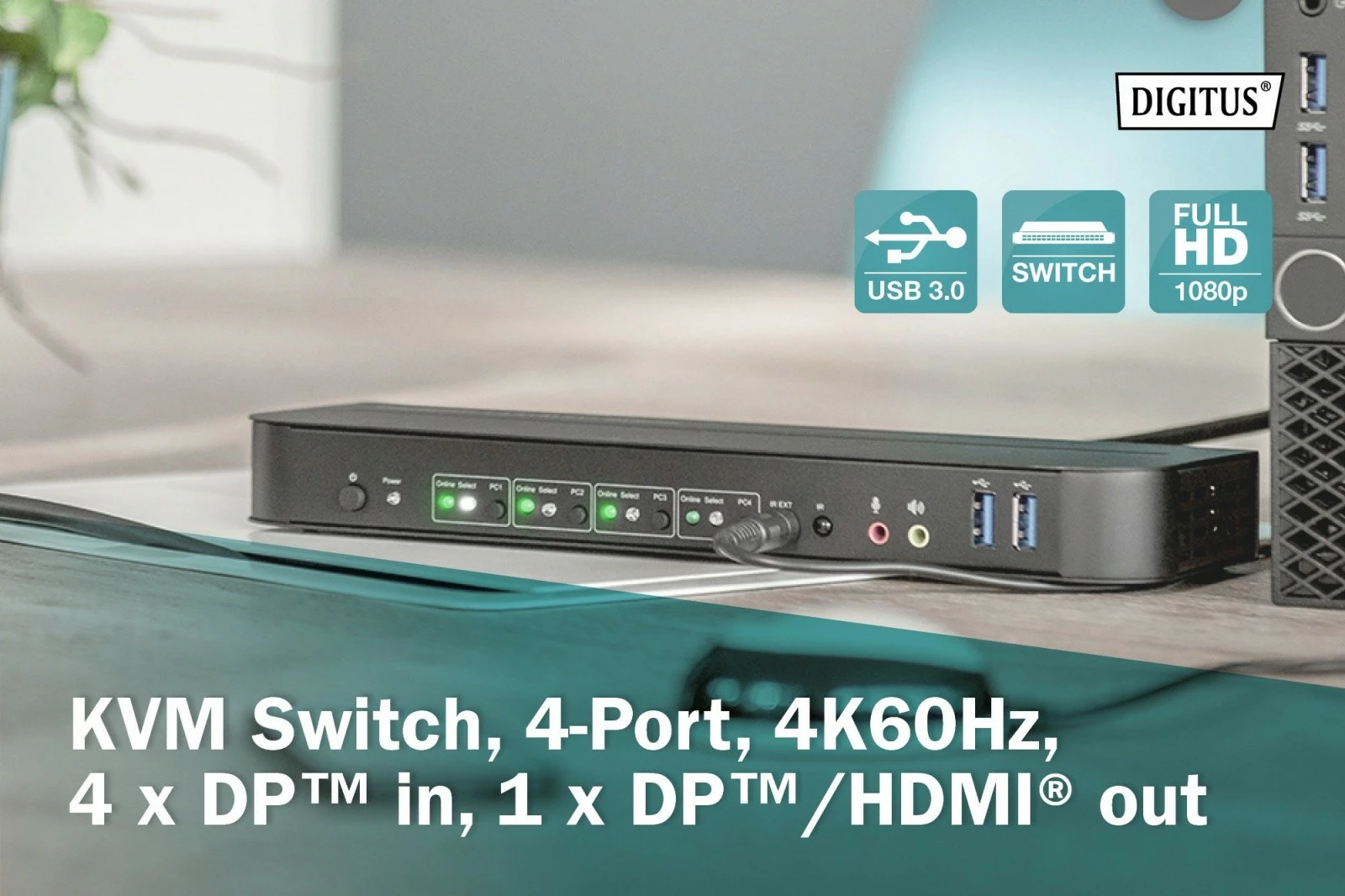 Switch KVM Digitus DS-12890, 4 porta, 4K 60Hz, 4x DP IN, 1x DP OUT, 1x HDMI OUT, 2x USB A, 1x Audio IN&OUT, gri