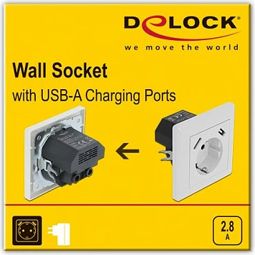 Prizë muri DeLOCK, CEE 7/3 me 2x USB-A 2.8A, 250V, e bardhë