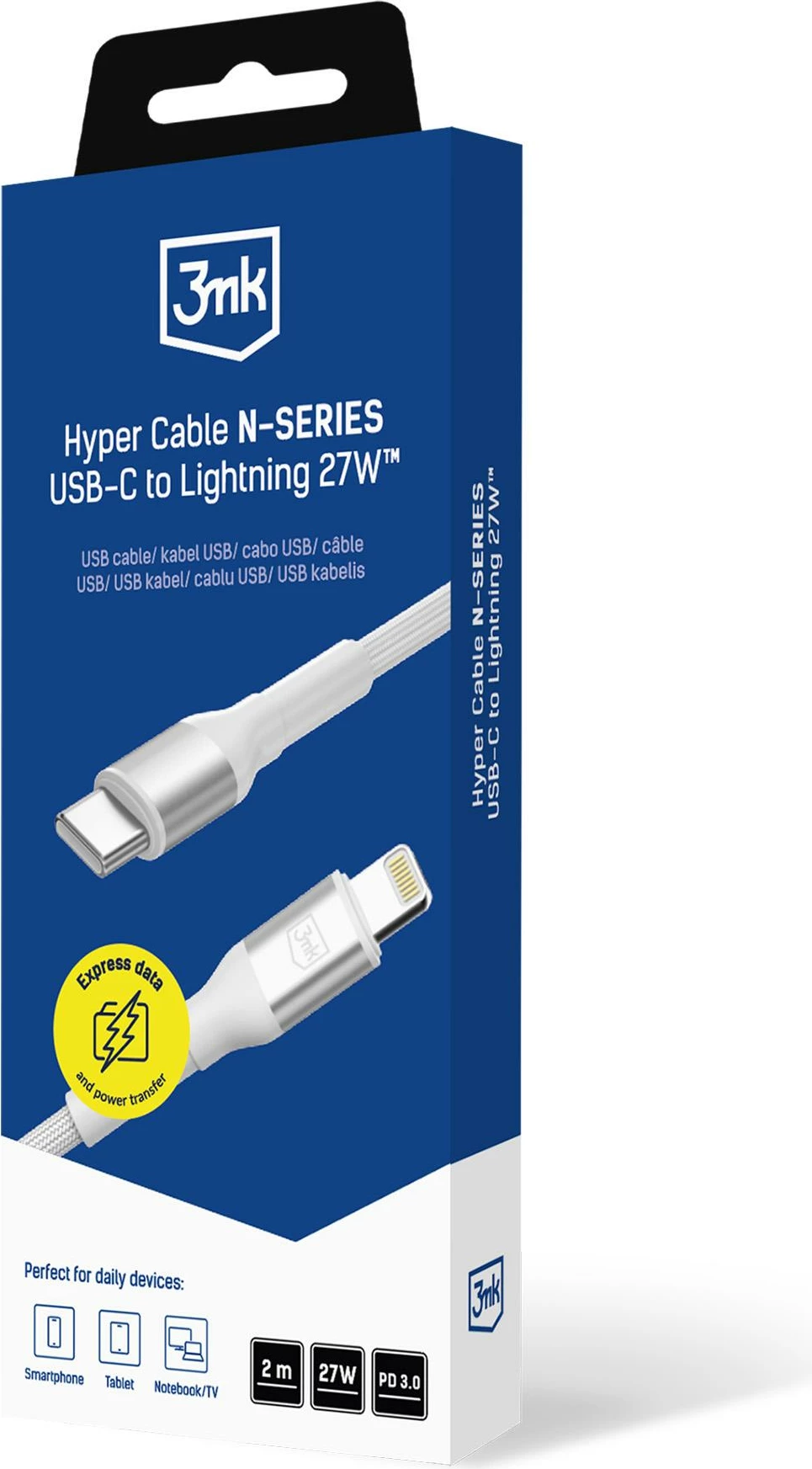 Kabl USB-C në Lightning 3mk Hyper Cable N-SERIES 2 m, PD 3.0 27W, e bardhë