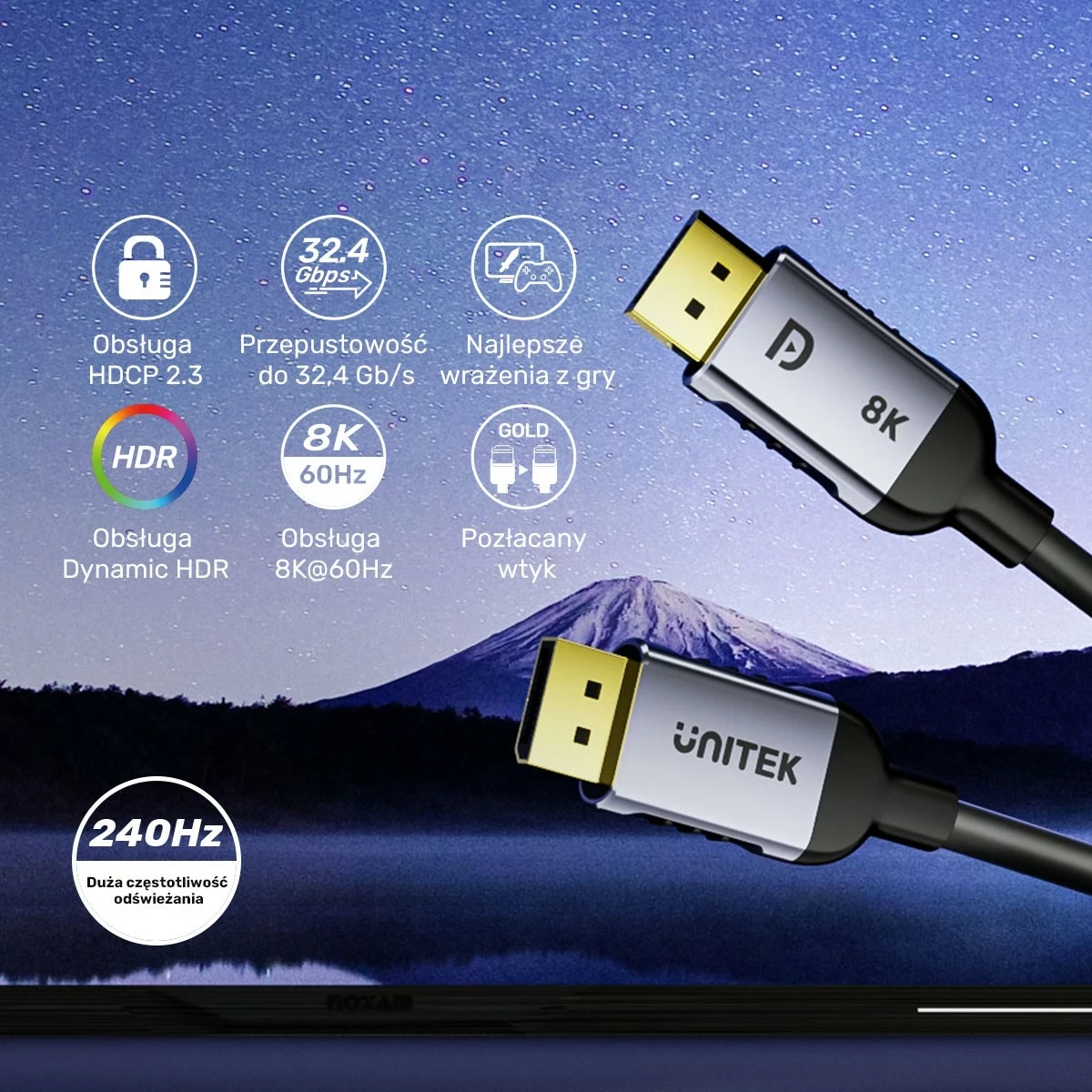 Kabel DisplayPort Unitek 1.4, 1m, 8K 60Hz, 4K 240Hz, e zi