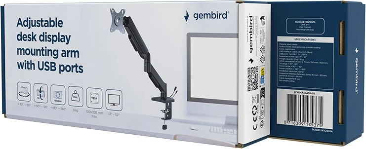 Krah monitori GEMBIRD MA-DA1U-01, i rregullueshëm, me porta USB, 17-32", zi