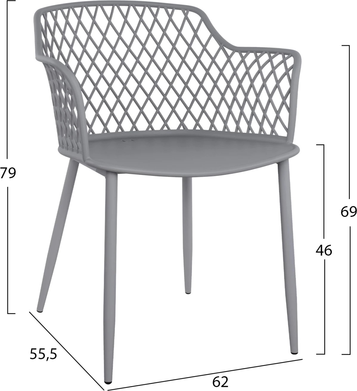Karrige me krahë polipropileni Jocelyn FH8510.10 gri me këmbë metalike 62x55.5x79cm, set prej 4 copë