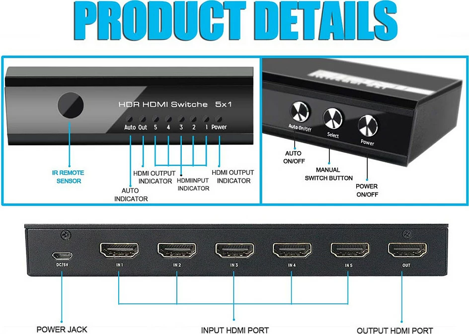 HDMI Switch Equip 332726, 5x1, HDMI 2.0, 4K@60Hz, HDCP 2.2, me telekomandë, i zi