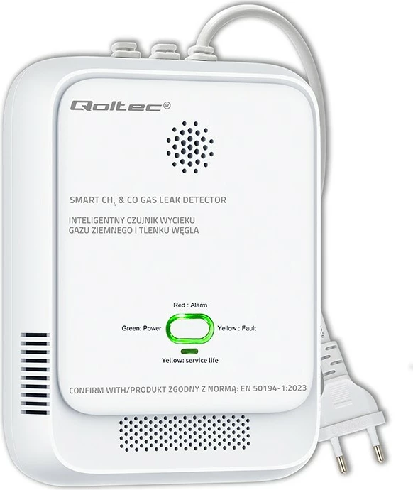 Sensor gazi dhe monoksidi karboni, Qoltec, 52578, alarm 85dB me LED, furnizim 220-240V, i bardhë