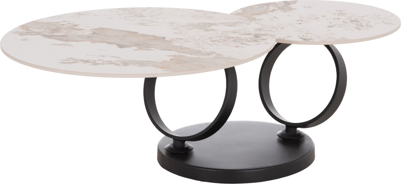 Tavolinë kafeje me dy sipërfaqe, NUBISA, metal i zi, gur sintetik Pandora, Φ80x44Hcm