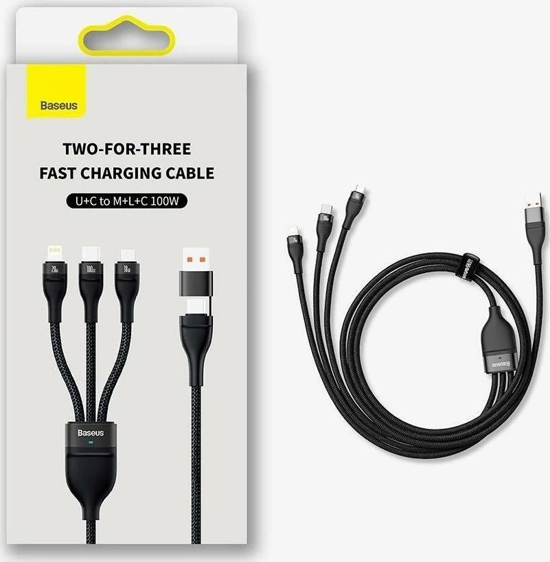 Kabllo karikimi multi-connector Baseus Flash Series II CASS030101 1.2 m 100 W (USB-A/USB-C në USB-C/microUSB/Lightning), e zezë