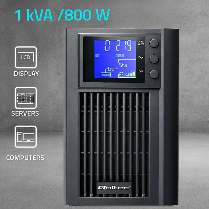 UPS Qoltec 52640 1kVA 800W pure sine wave, line-interactive, AVR, LCD, 2x Schuko, USB & RS-232, 2x 7Ah, e zezë