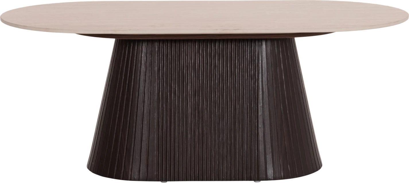 Tavolinë kafeje ovale, sipërfaqe qeramike, pamje guri travertin, bazë MDF, 124x63x39cm